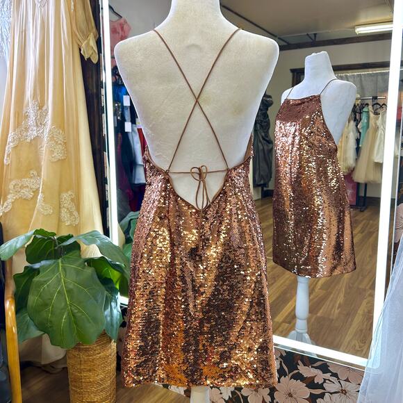 Y2K Vintage Bronze Sequin Mini Swing Dress XS S Holiday Cocktail clubwear NYE - Picture 6 of 8
